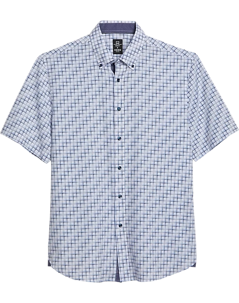 Michael Strahan Modern Fit 4-Way Stretch Short Sleeve Sport Shirt, White & Blue Tile