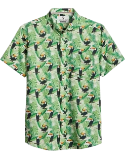 Report Collection Modern Fit Four-Way Stretch Short Sleeve Sport Shirt, Light Green Toucan Bird