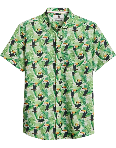 Report Collection Modern Fit Four-Way Stretch Short Sleeve Sport Shirt, Light Green Toucan Bird