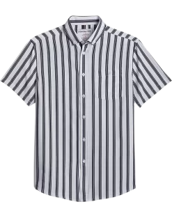 Report Collection Modern Fit Four-Way Stretch Short Sleeve Sport Shirt, Black & White Stripe