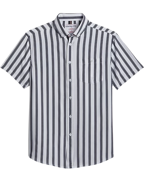 Report Collection Modern Fit Four-Way Stretch Short Sleeve Sport Shirt, Black & White Stripe