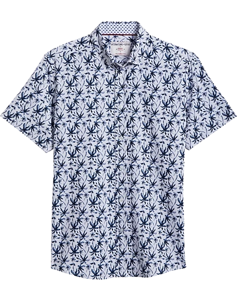 Report Collection Modern Fit Four-Way Stretch Short Sleeve Sport Shirt, Dark Blue Palm Tree