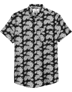 Report Collection Modern Fit Four-Way Stretch Short Sleeve Sport Shirt, Black Palm Leaf